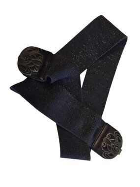 Womens Elastic Stretch Belt Cinch Ornamental Floral Clasp Black Golden Sparkles